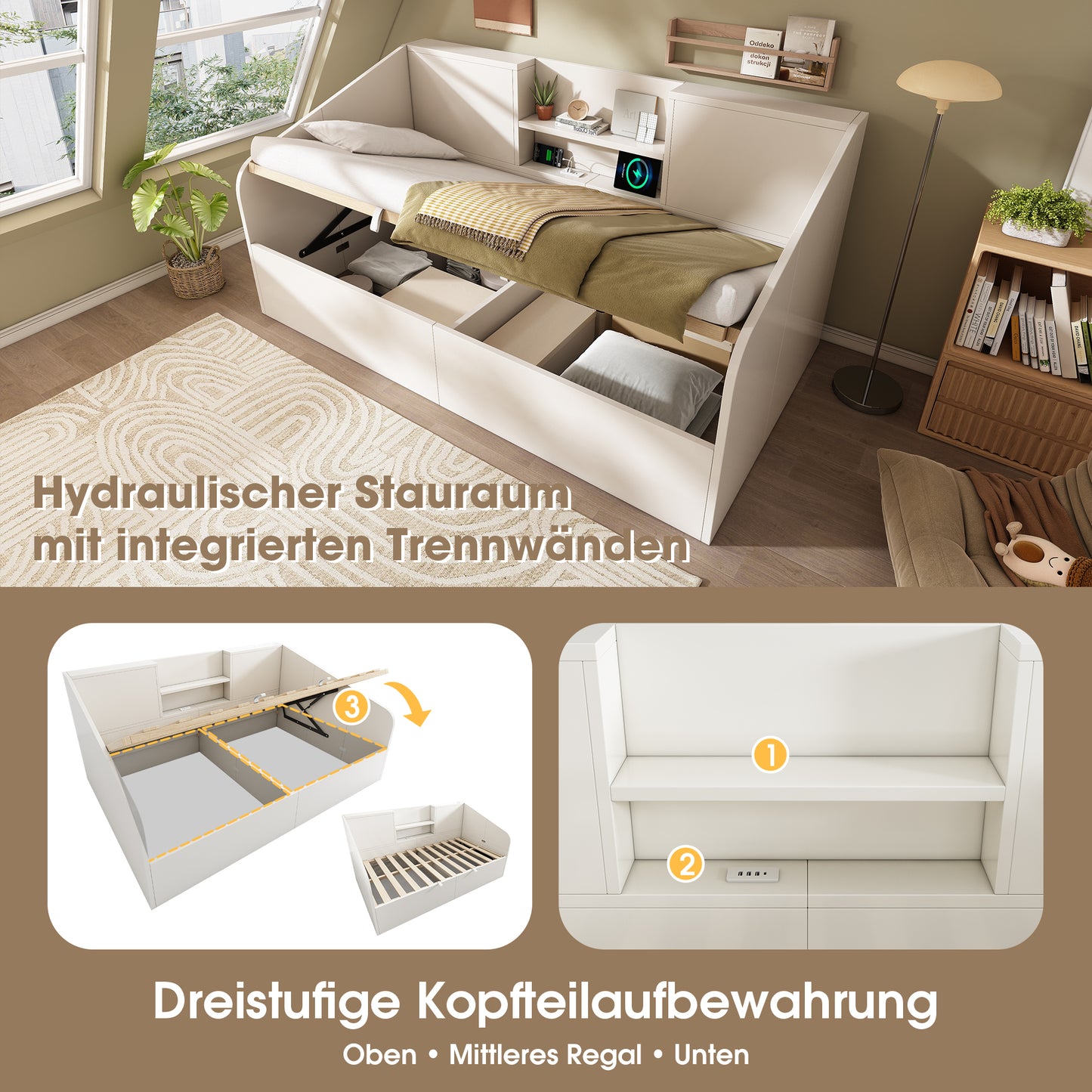 Hydraulic Daybed 90x200 Cm In White, Wooden Bed With 2 Shelves, Large Storage Space & USB-Type-C Charging Station, Slatted Frame Incl., Space-saving Single Bed  Without Mattress