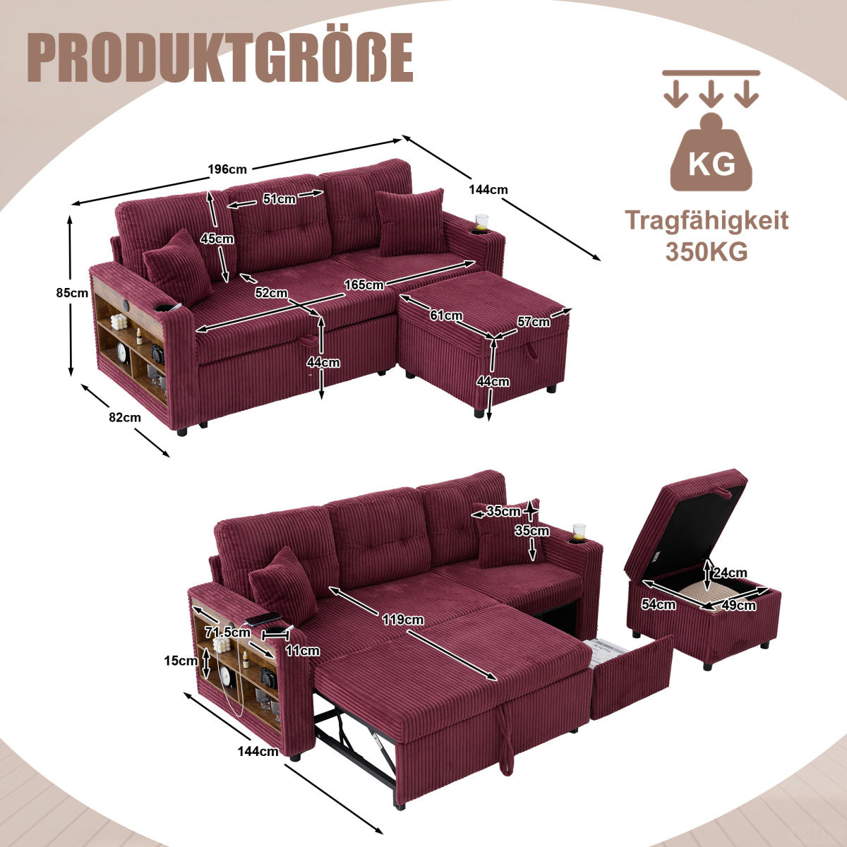 Multifunctional Corduroy Sofa With Storage Space & Pull-out Bed. Incl. USB-C, Ambient Lighting, Cup Holders & Wide Armrests. Creates Cosy Feel-good Areas In Living Rooms And Guest Rooms.