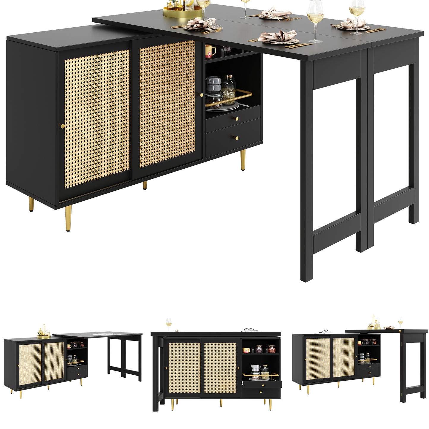 360 Rotating Bar Table  Main Body 107 X 40 X 71.4 Cm , Black Extendable Design Bar Table, Storage Cabinet With Rattan Door  Open Storage Shelf, Suitable For Kitchen And Dining Room