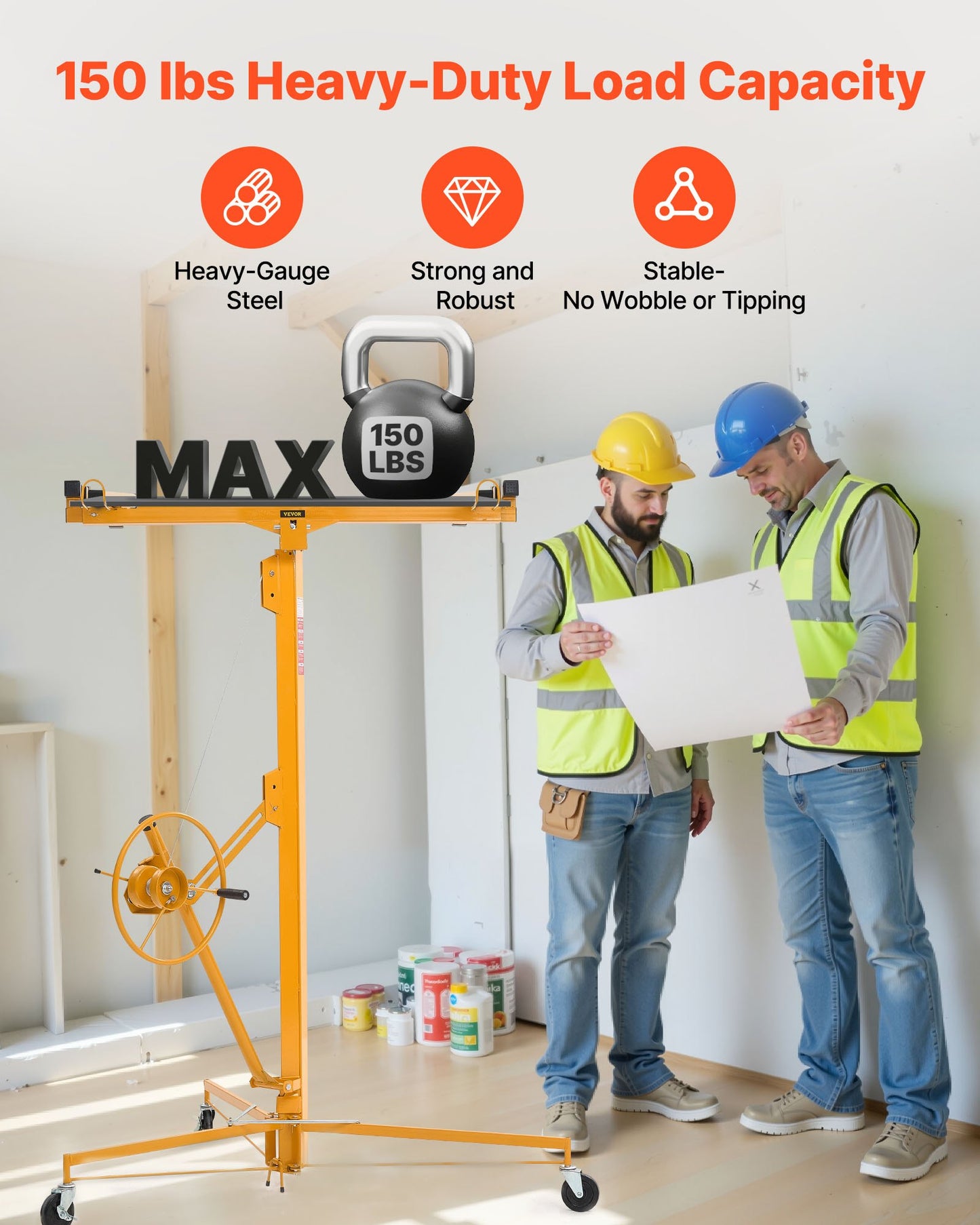 16ft Drywall Lift, Heavy-Duty 150 Lbs Sheetrock Hoist With Adjustable Telescoping Arm, Lockable Wheels, Drywall Lifter Panel Jack Hoist Tools Ideal For Ceiling & Wall Installation (Yellow)