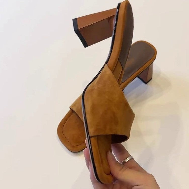 Elevated Version French Open Square Toe High Heel Slides For Women, Simple Slip-On Block Heel All-Match One-Strap Summer Outdoor Sandals