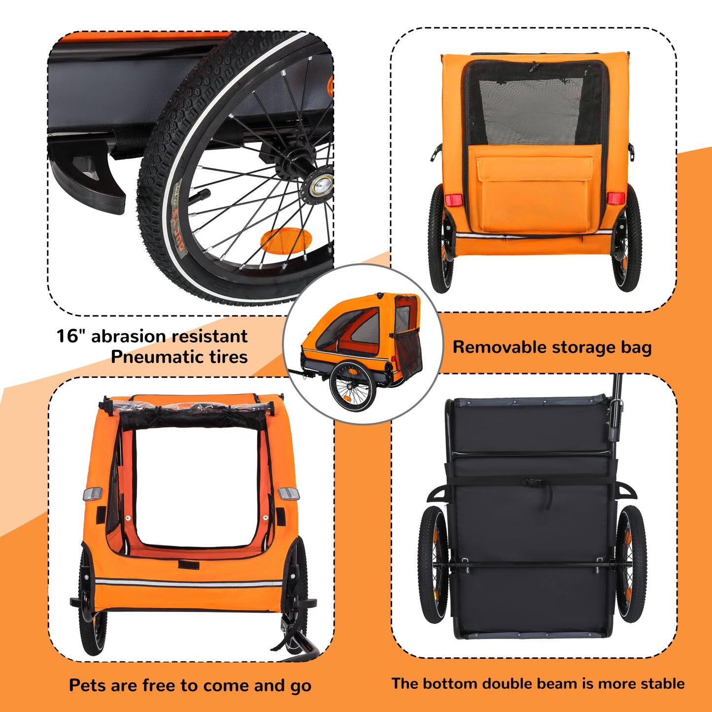 Pet Bike Trailer Dog Cart For Bicycle,Suitable For Small And Medium Pets, Easy Folding Cart Frame, Quick Release Wheel, Non-Slip Floor, Internal Leash, Orange Gray