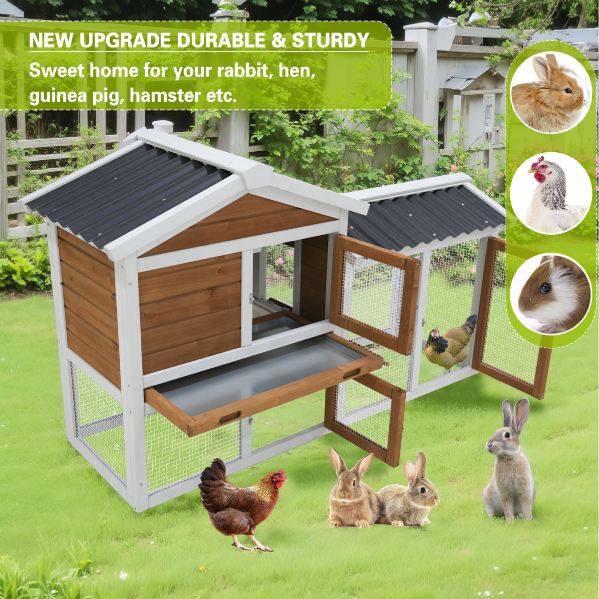 58  Wooden Outdoor Indoor Roof Waterproof Bunny Hutch Rabbit Cage Guinea Pig Coop PET House For Small To Medium Animals With Stairs And Cleaning Tray