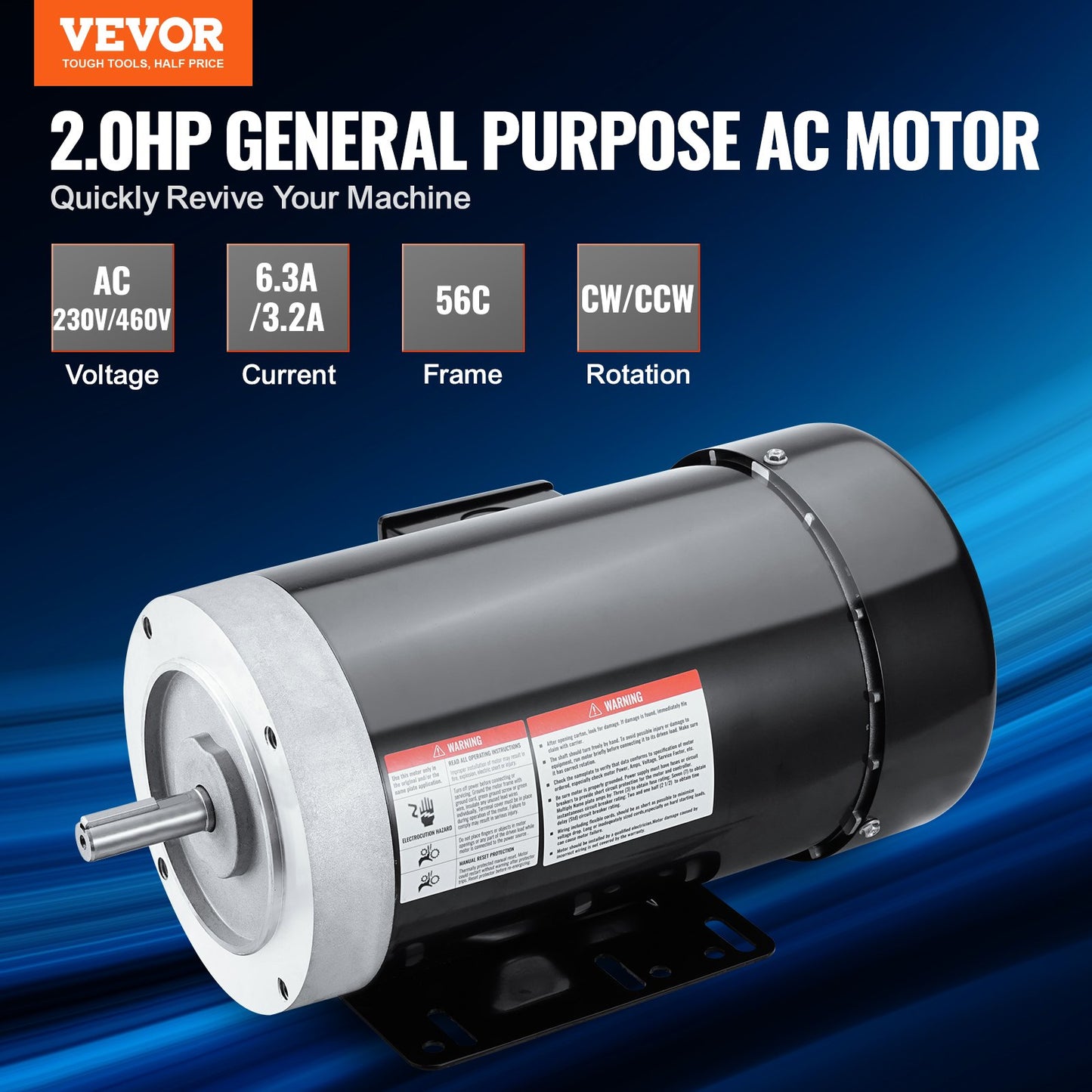 2HP Electric Motor 3450 Rpm, AC 230V/460V, 56C Frame, Air Compressor Motor 3-Phase, 5/8' Keyed Shaft, CW/CCW Rotation For Agricultural Machinery And General Equipment