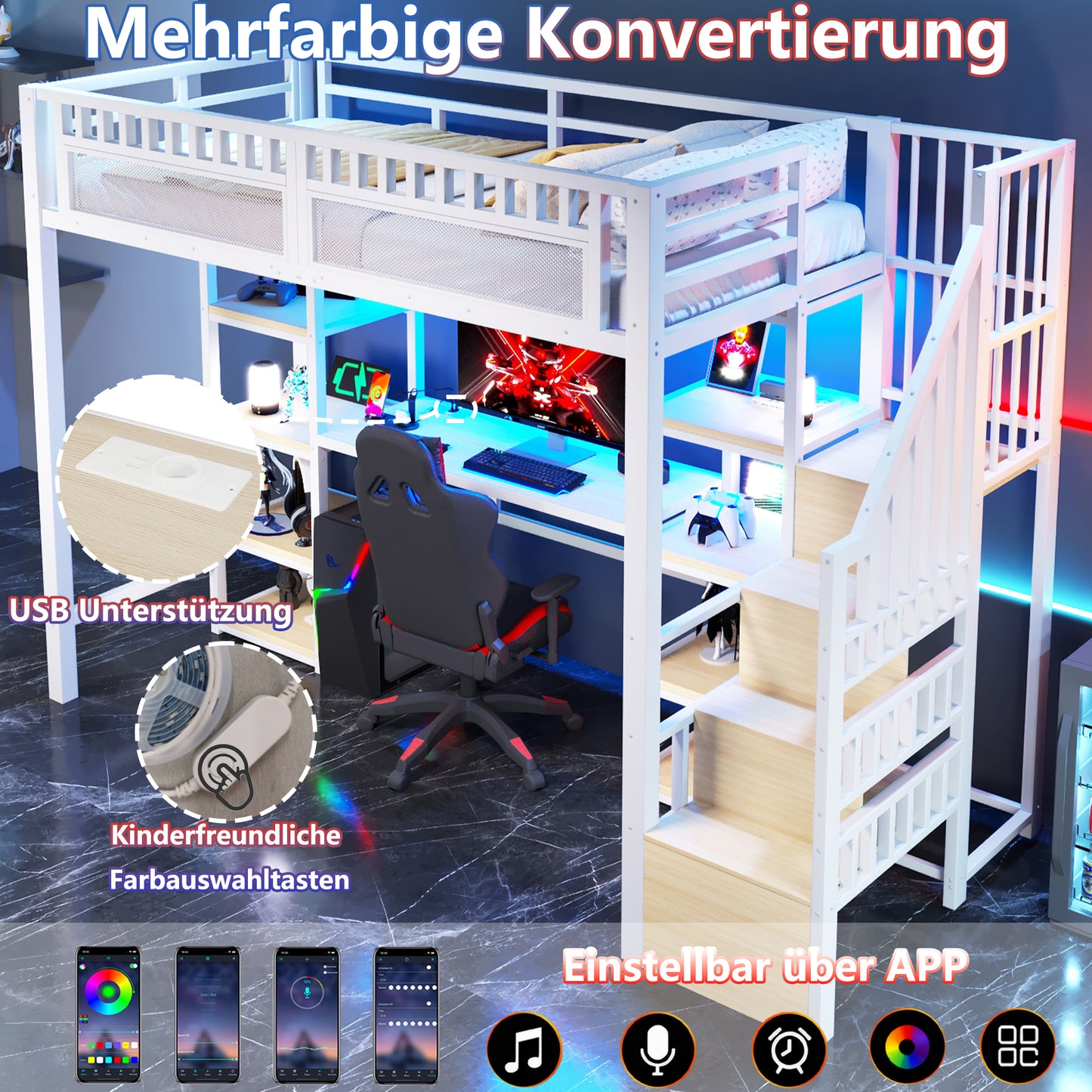 Loft Bed, 90 X 200 Cm, Iron Frame, Storage Compartment, Ladder With Storage Space, Desk, LED Light Strip, USB Port Included, Without Mattress, White