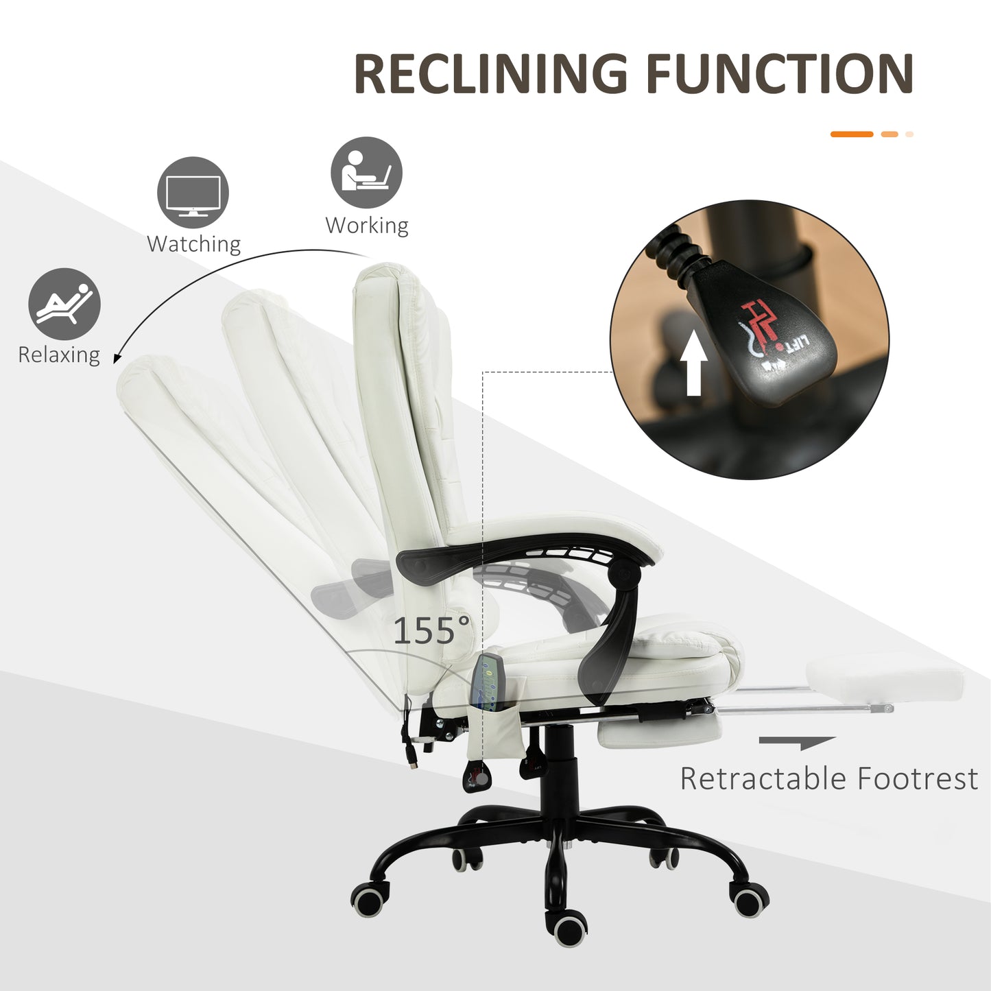 7-Point Vibrating Massage Office Chair High Back Executive Recliner With Lumbar Support, Footrest, Reclining Back, Adjustable Height, White