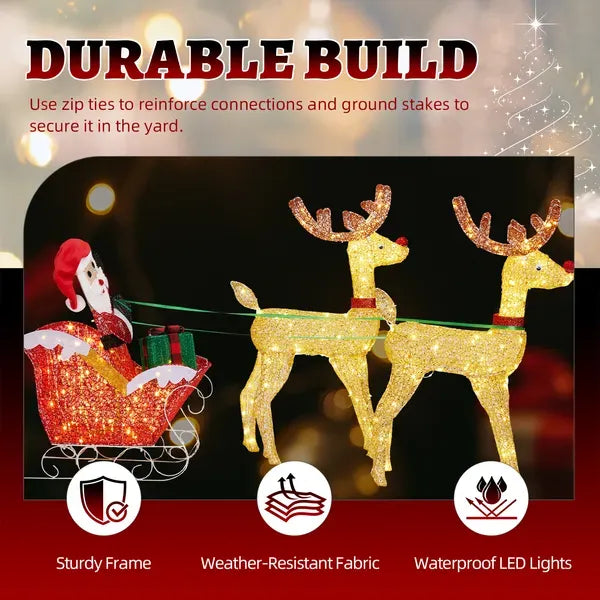 Lighted Reindeer Pulling Sleigh Christmas Decorations, Pre-lit Holiday Decor With270Warm White LEDfor Xmas Outdoor Indoor Decor Lighted Holiday Displays 30V 6W