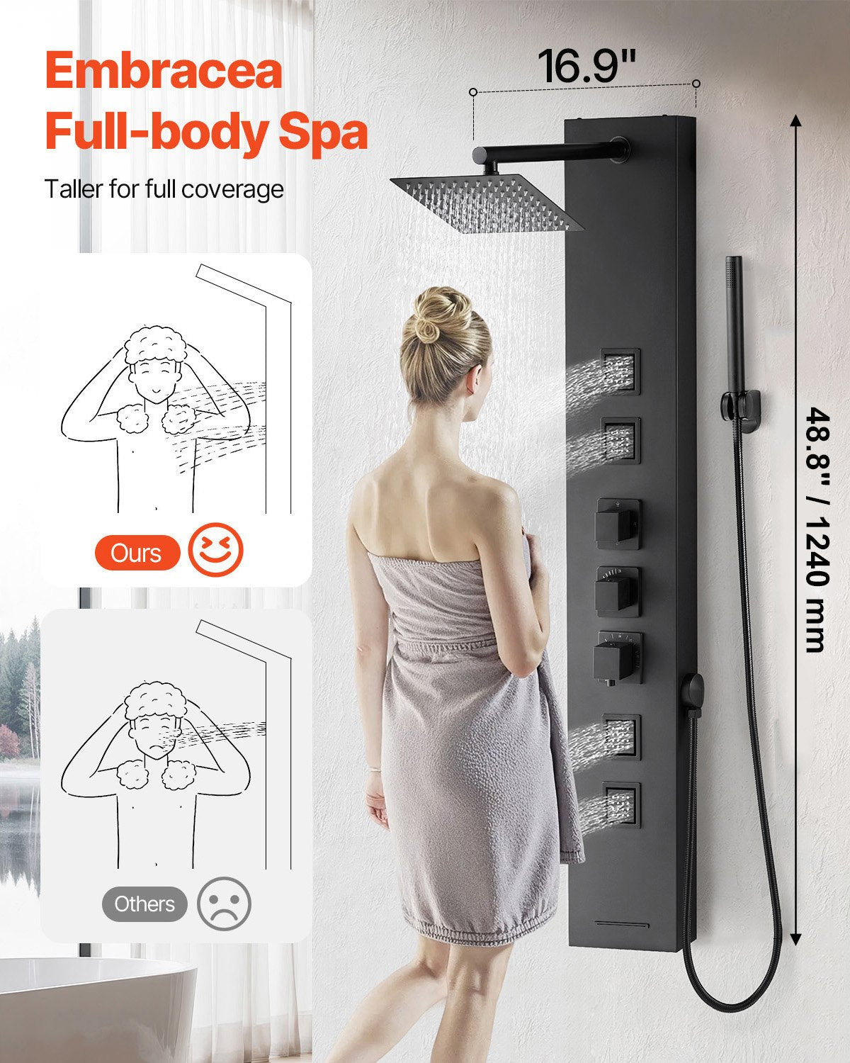 Shower Panel Tower System With Rainfall Shower Head, 49 In Brushed Stainless Steel Shower Column, 4-Function Faucet, Wall-Mount Rain Massage System, With 4 Body Jets,  Handheld, And Tub Spout