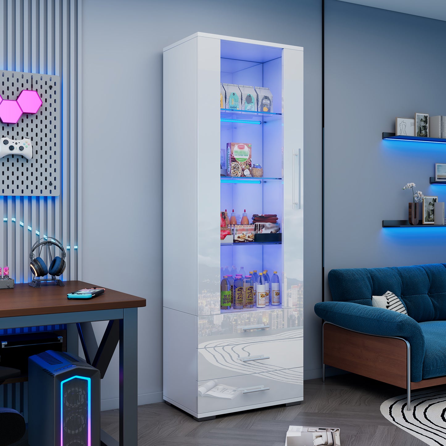White High Gloss Display Case, Glass Display Case, Floor Standing Display Case With LED Lighting, Vertical Display Case With 3 Drawers, 60x35x180cm
