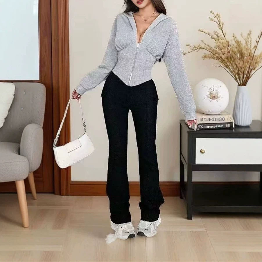 Korean-style Hooded Waist-cinching Casual Cardigan With A Zipper