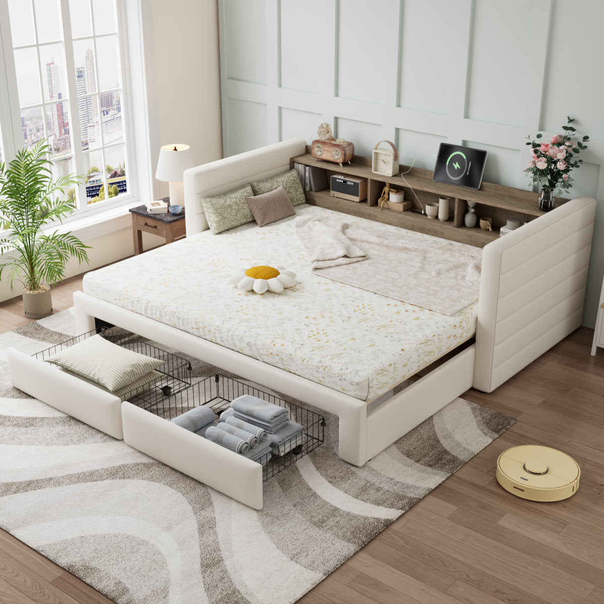 Upholstered Bed, Daybed With Pull Out Trundle, 3FT Single Bed 90x190cm, Daybed Sofa Bed, Storage Drawers, Modern Youth Bed, With Storage Space, For Adults & Teenagers, Easy Assembly, Linen, Beige