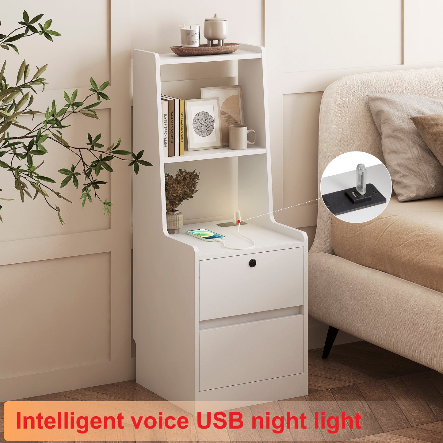 Nightstand With Charging Station, Smart Nightstand With Night Light, Modern Night Stand With Bookshelf, Bedside Tables With Storage Cabinet For Bedroom, White