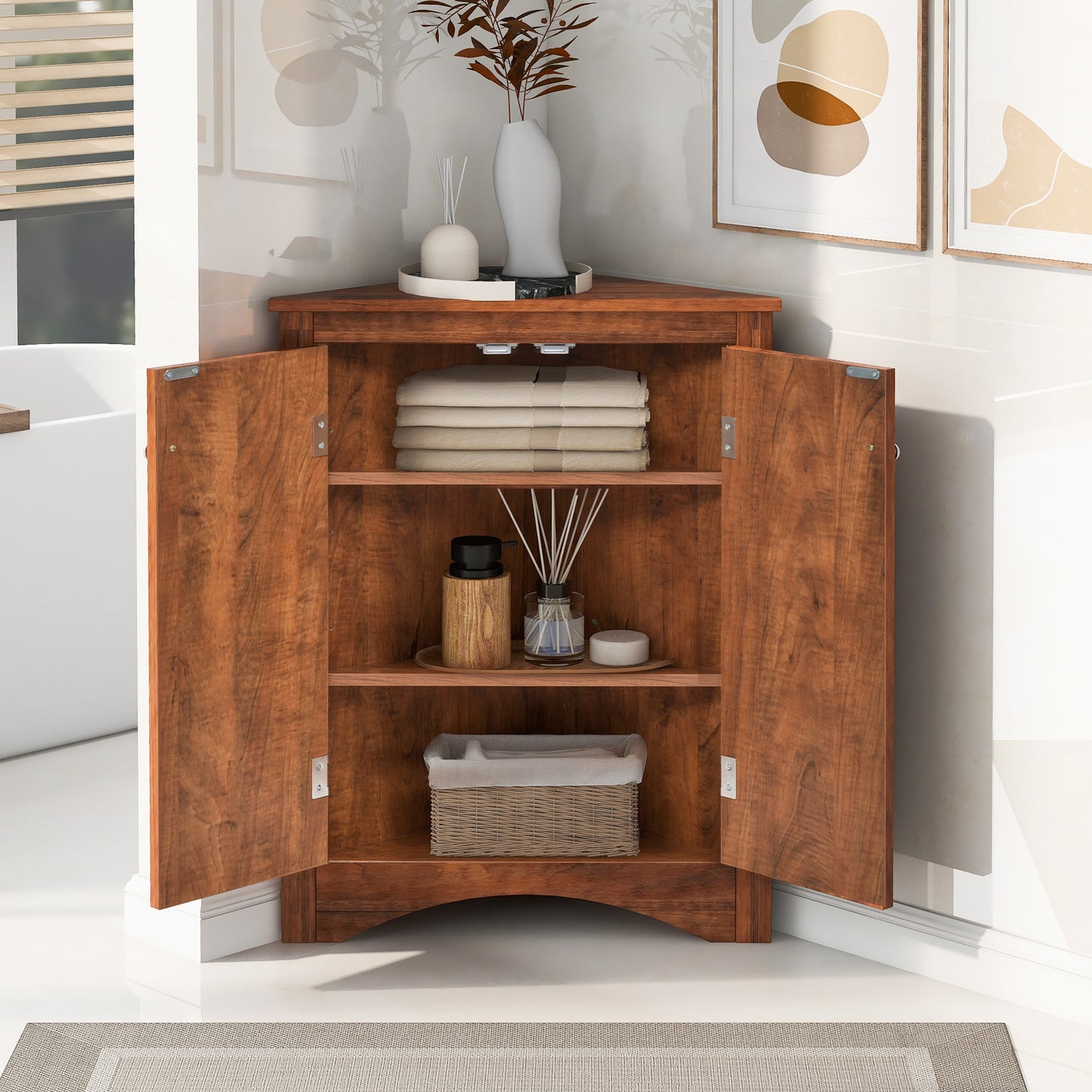 Brown Triangle Bathroom Storage Cabinet With Adjustable Shelves, Freestanding Floor Cabinet For Home Kitchen