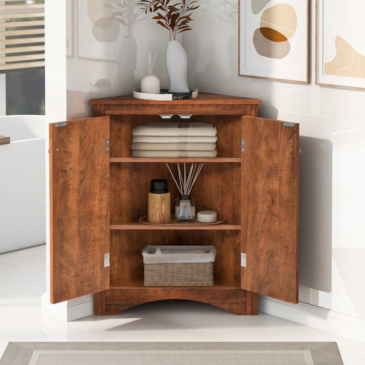 Brown Triangle Bathroom Storage Cabinet With Adjustable Shelves, Freestanding Floor Cabinet For Home Kitchen