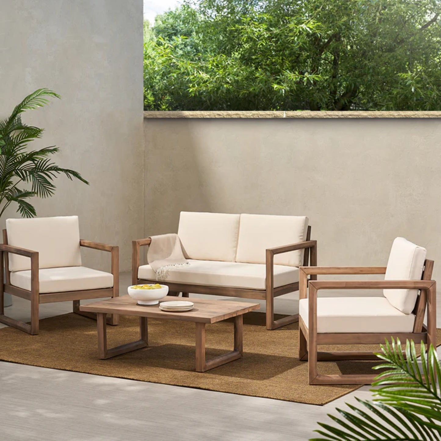 4-Pieces Acacia Wood Patio Furniture Set, Outdoor Furniture With Coffee Table, Patio Conversation Set Deep Seating With Soft Cushion, Porch Chairs For Porch Balcony, Brown Wash, Beige