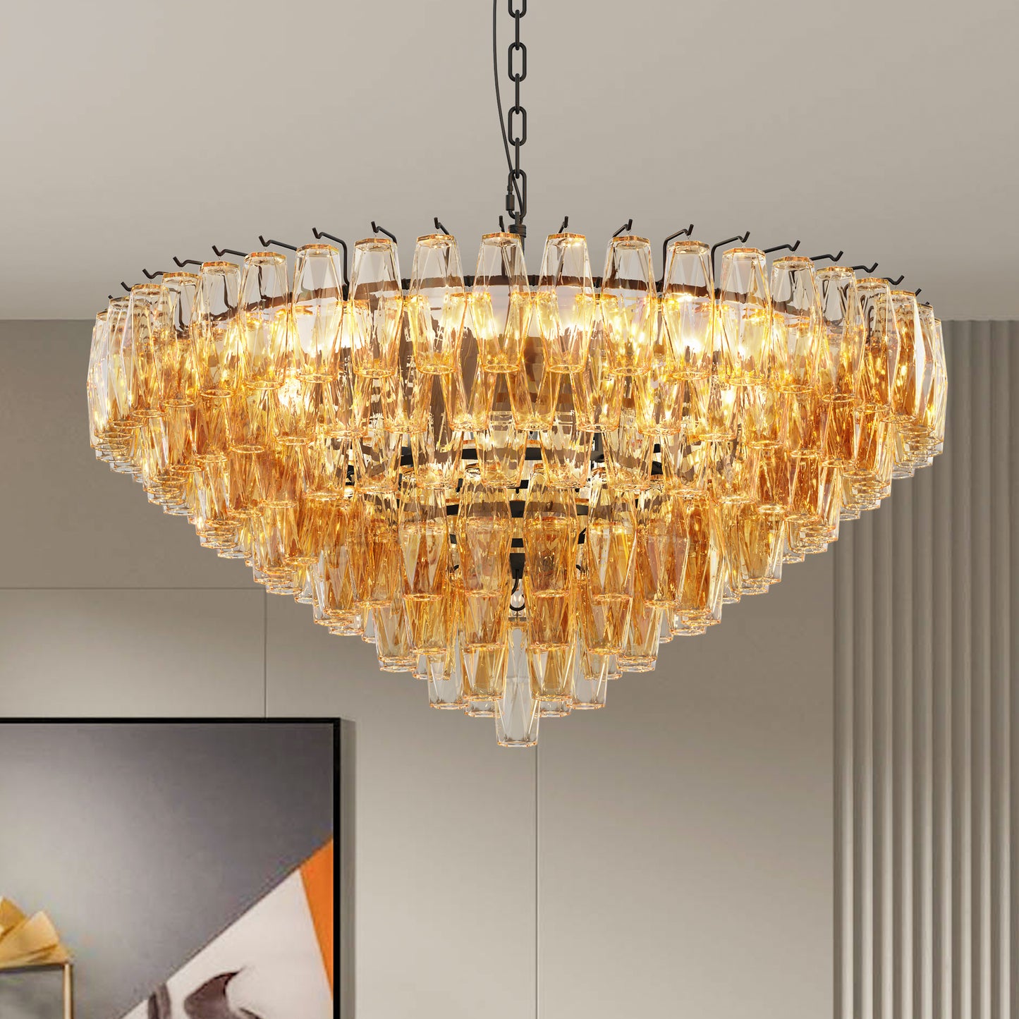 Modern Round Chandelier, 37  Extra Large Black Chandeliers For Dining Room, 14-Light With Tiered Smoke Glass Tubes Ceiling Light, Pendant Lighting Fixture For Living Room Bedroom Kitchen Island