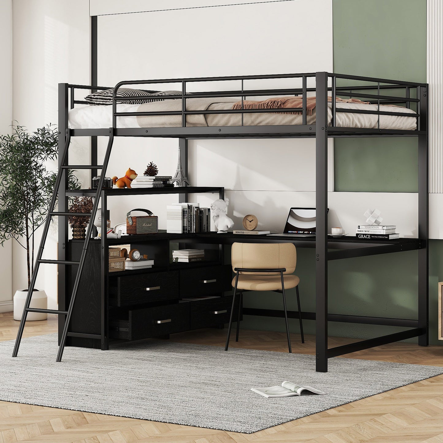 Loft Bed, 140X200cm, Iron Frame Bed, Practical Drawers, Stylish L-shaped Desk, Laminate Design, Without Mattress, Black