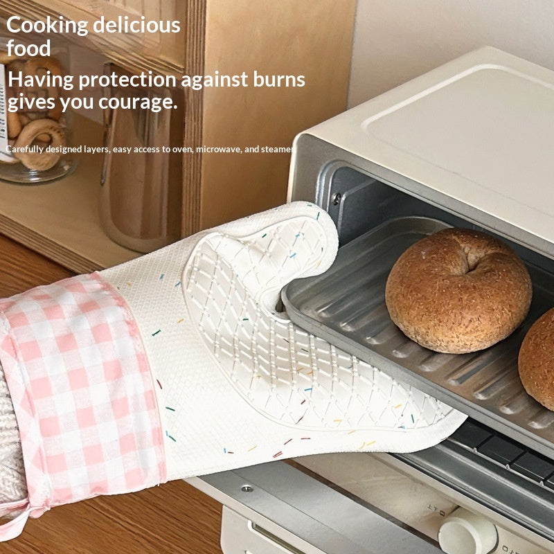 Cross-border Silicone Insulated Gloves Long-Style Two-Finger Heat-Resistant Non-Slip Kitchen Gloves With Cotton Lining