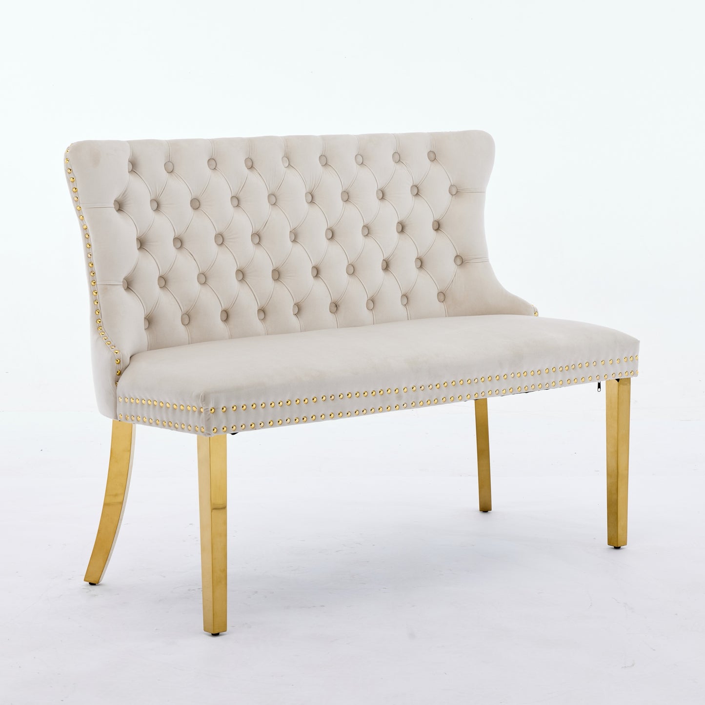 Velvet Double Dining Loveseat Bench, Kitchen & Dining Seating, 2-Seat Tufted Bench W Handmade Buttons, Wing Back, Gold-Plated Steel Legs, Mid Century Modern,Single Pack,Beige,DE1602BG