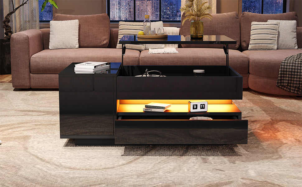95X50X40cm Liftable Coffee Table, Living Room Table, Side Table, Coffee Table With 1 Drawer, 1 Cabinet, Sofa Table With LED, High Gloss Tea Table With Hidden Storage, Semi-Open Storage, Black