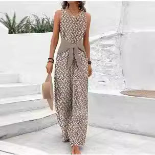 Womens Best-selling Waist-cinching Adjustable-lace-up Printed Jumpsuit