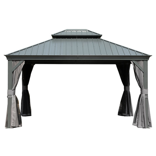 10   X 14   Hardtop Gazebo Permanent Outdoor Gazebo With Galvanized Steel Double Roof, Aluminum Frame, Curtains And Netting For Patio Lawn And Garden, Gray