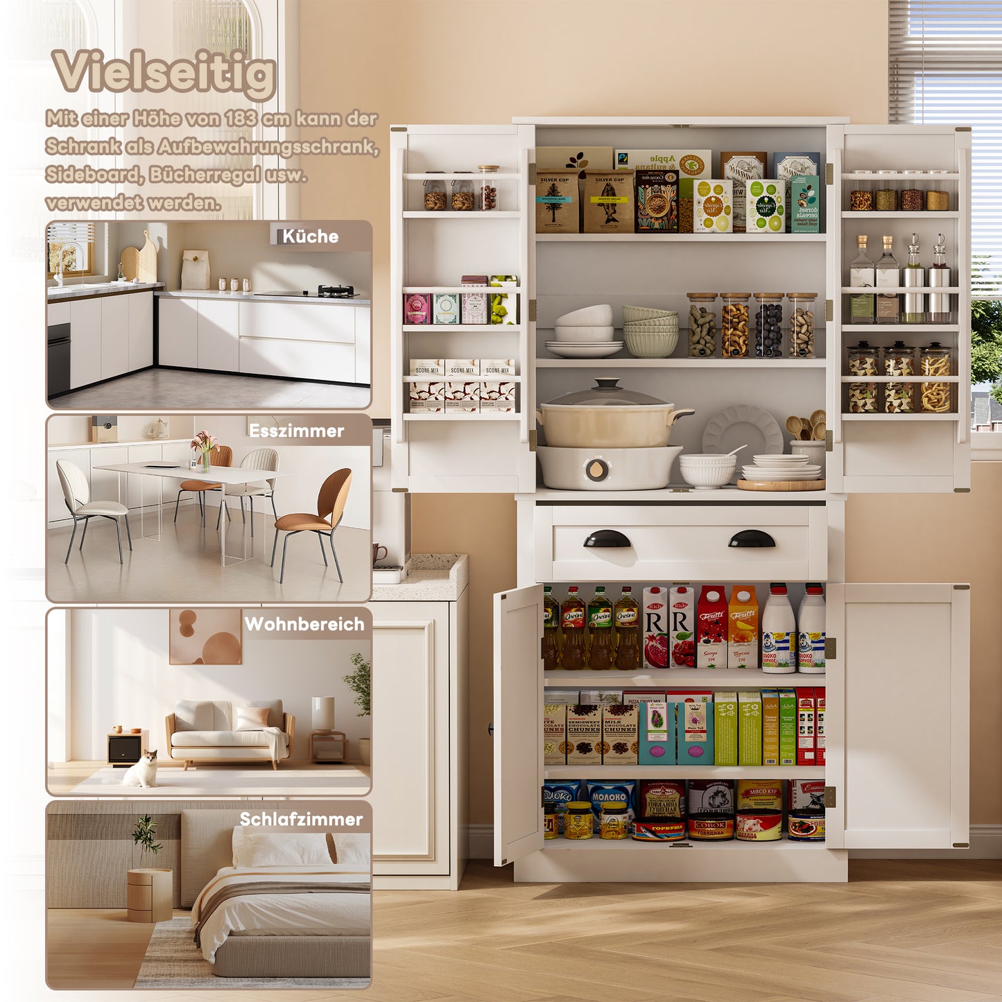 182 Cm Storage Cabinet, 4 Doors And 1 Drawer, 2 Doors With Shelves, 6 Storage Compartments And 4 Adjustable Shelves, Suitable For Kitchen, Dining Room And Living Room, White