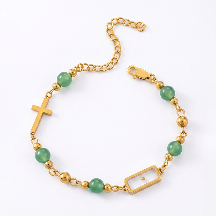 Real Mustard Seed Cross Bracelet For Women, 18K Gold Plated Stainless Steel Natural Stone Beads Bracelet, Religious Christian Faith Gift
