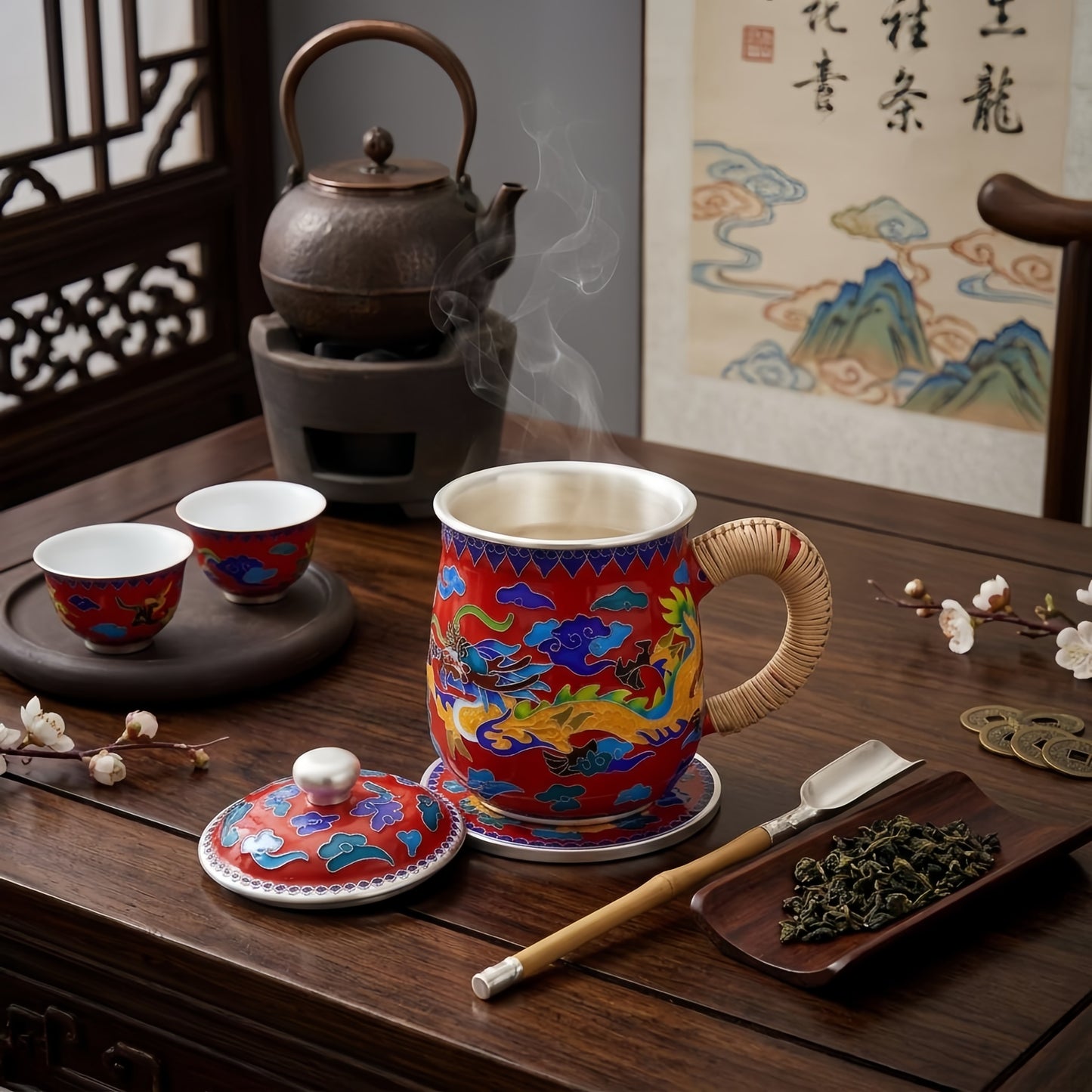 Pure 999 Fine Silver Handcrafted Red Cloisonné Enamel Dragon Tea Mug with Woven Handle and Matching Lid - Handicraft