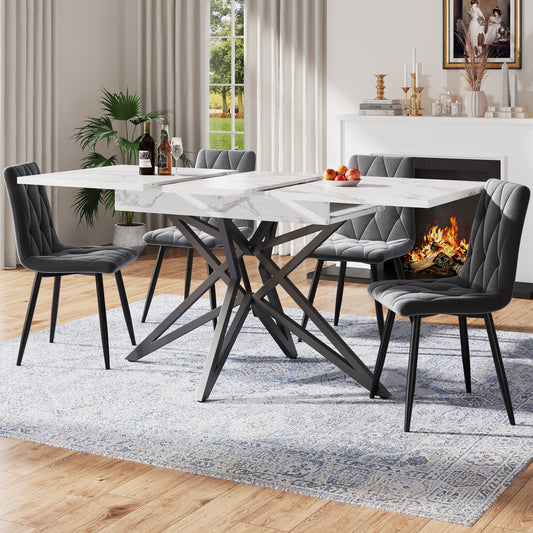 Extendable Dining Table 120  160 X 80 Cm, Extendable Kitchen Table, Breakfast Table, Star-shaped Table Legs, Black Iron Legs, Walnut Imitation Marble Tabletop