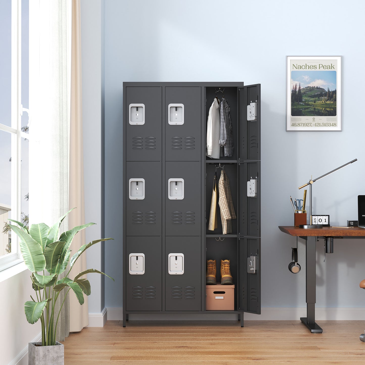 9 Door 72 H Metal Lockers With Lock For Employees,School,Office,Gym,Bedroom,Storage Locker Cabinet,Gray,Assembly Required,Black