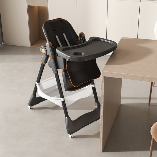 Adjustable Baby High Chair 0-6 Years -Portable Infant Feeding Seat With Safety Belt, Silent Lockable Wheels & Easy-Clean Design For Home, Dining, Living Room, Bedroom  Black