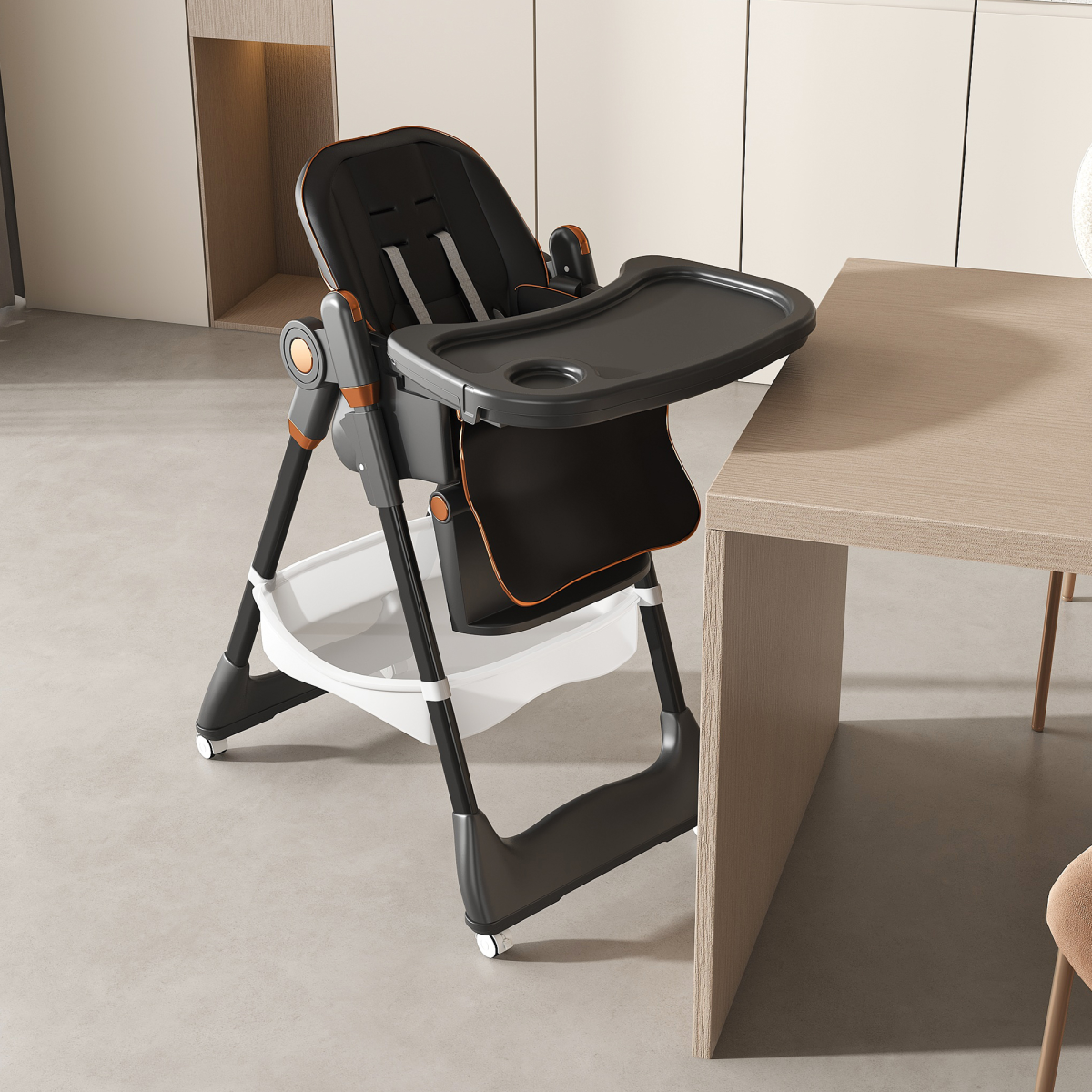 Adjustable Baby High Chair 0-6 Years -Portable Infant Feeding Seat With Safety Belt, Silent Lockable Wheels & Easy-Clean Design For Home, Dining, Living Room, Bedroom  Black