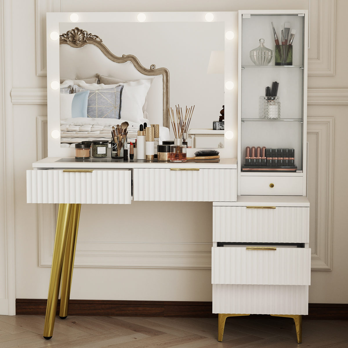 Fluted Vanity Desk With Mirror Glass Top Makeup Table With 5 Drawers Power Outlet Storage Cabinet 3 Color Light For Bedroom White