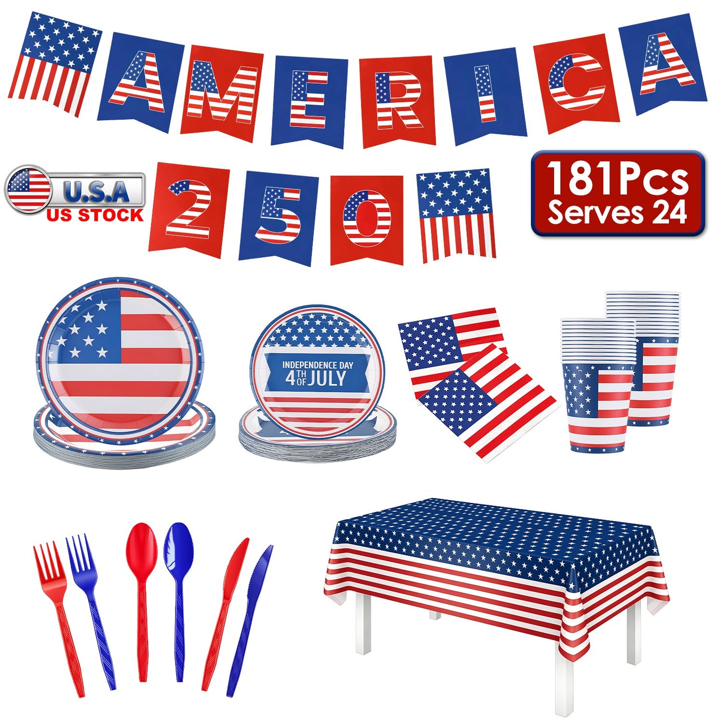 181Pcs 4th Of July 250th Anniversary Party Supplies Set Independence Day Red White Blue Disposable Tableware With Plates Cups Cutlery Napkins Banner Tablecloth Serves 24 For Memorial Day National Hol