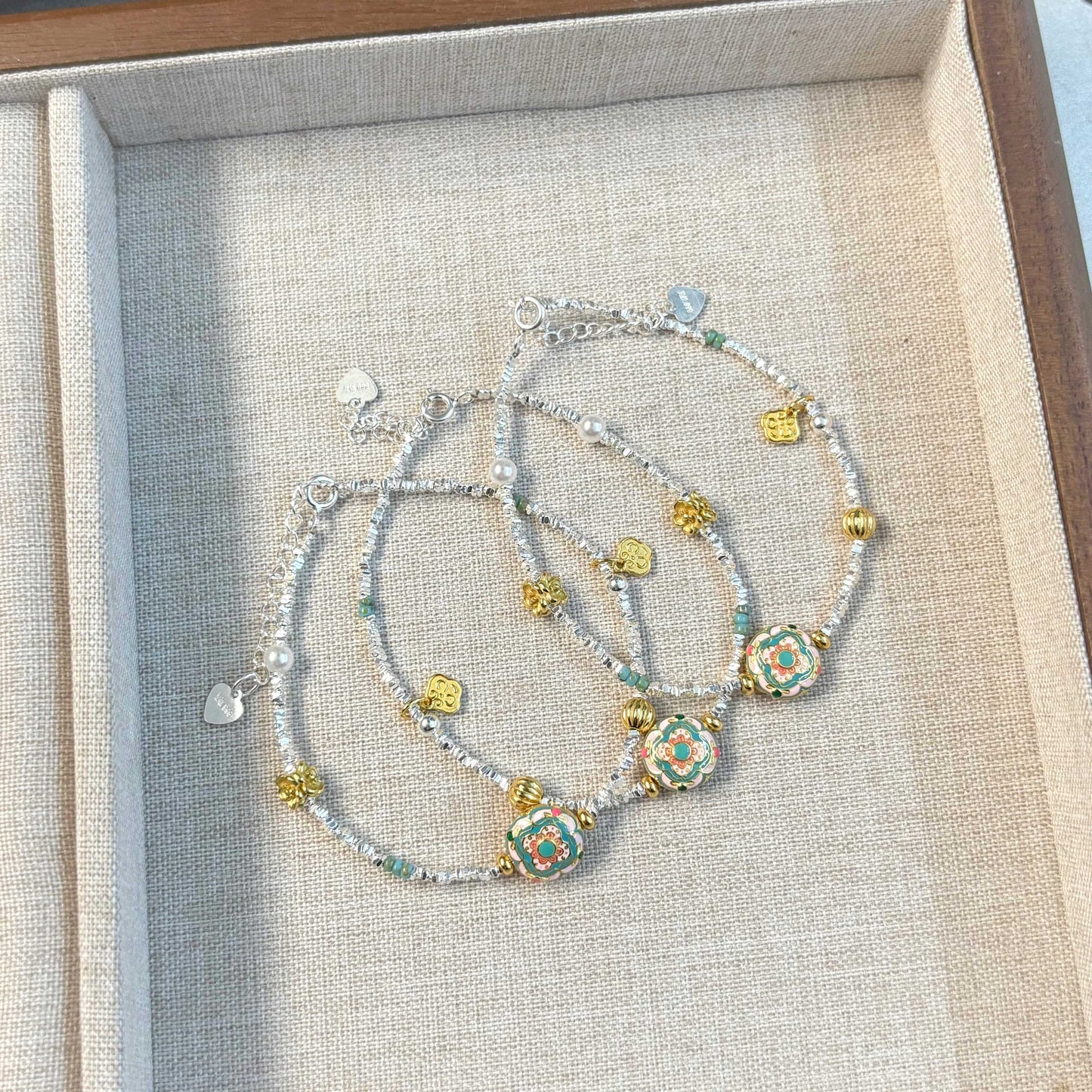 1pc 999 Sterling Silver Enamel Charm Bracelet, Chinese Style, Perfect For Daily Wear And Valentine's Gift