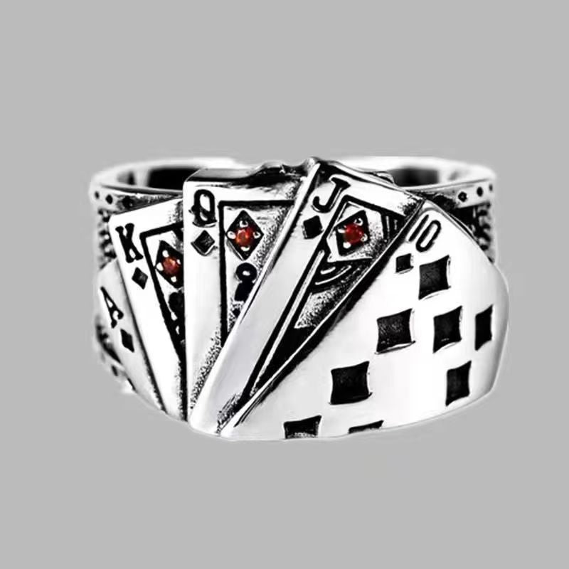 1 Pc Vintage Adjustable Ring For Men, Fashion Personality Exaggerated Poker Pattern Ring, Party Accessories