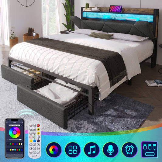 Sofa Bed With USB Type C Charging Function, Storage Head Part And LED Lighting And Drawer, Double Bed 140x200 Storage Bed Frame With Metal Frame, Grey  Without Mattress