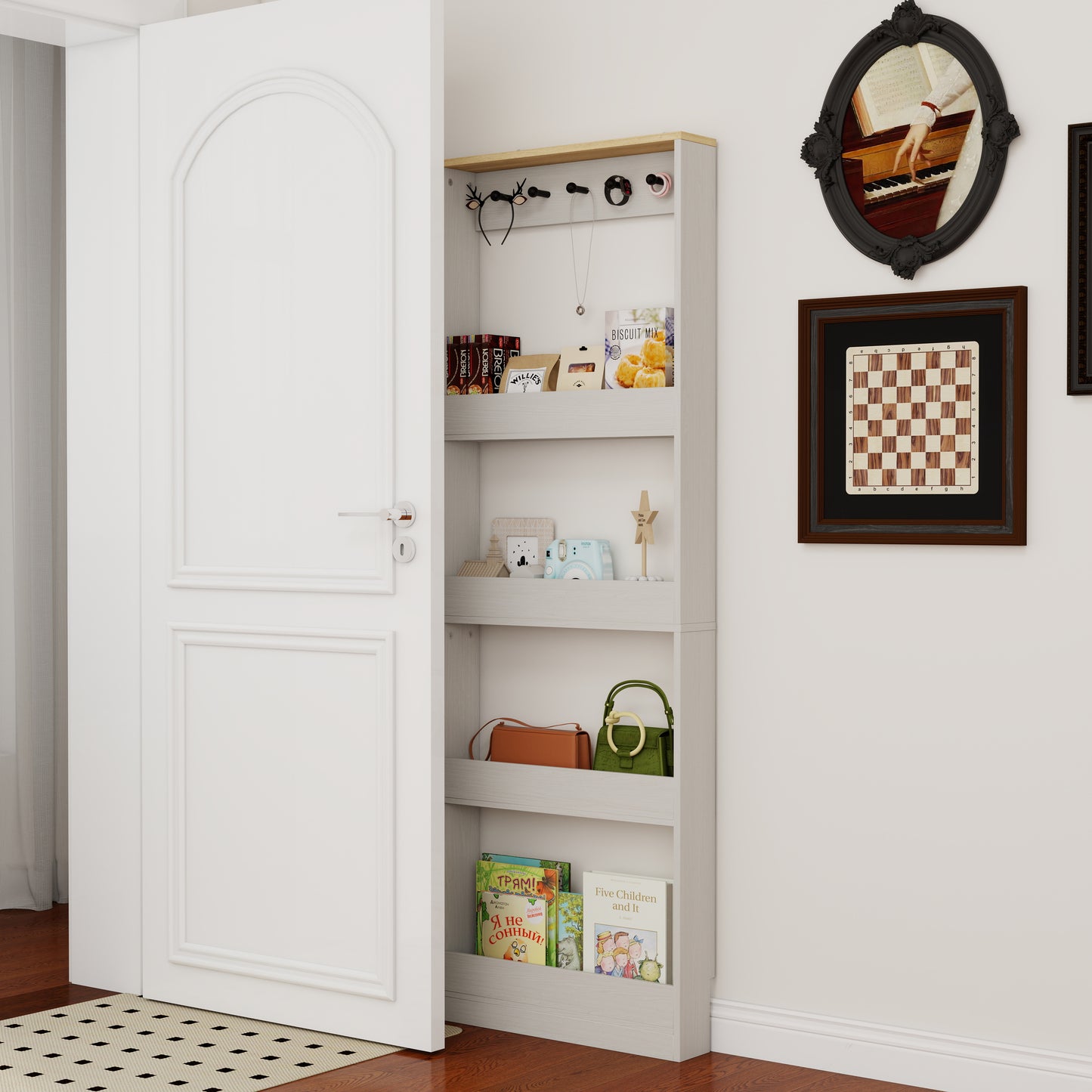 Behind The Door 69 Tall Bookcase With 4 Shelves And 5 Hooks,  Space-Saving Narrow Storage Cabinet For Living Room, Children's Room, Study Room, Kitchen, Corridor-Antique White