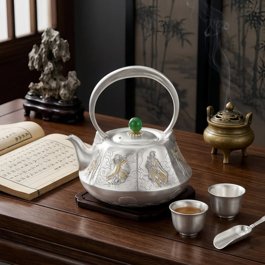 925 Sterling Silver Elegant Silver Tea Kettle Featuring Gilded Traditional Imagery and a Polished Green Jade Accent - Handicraft