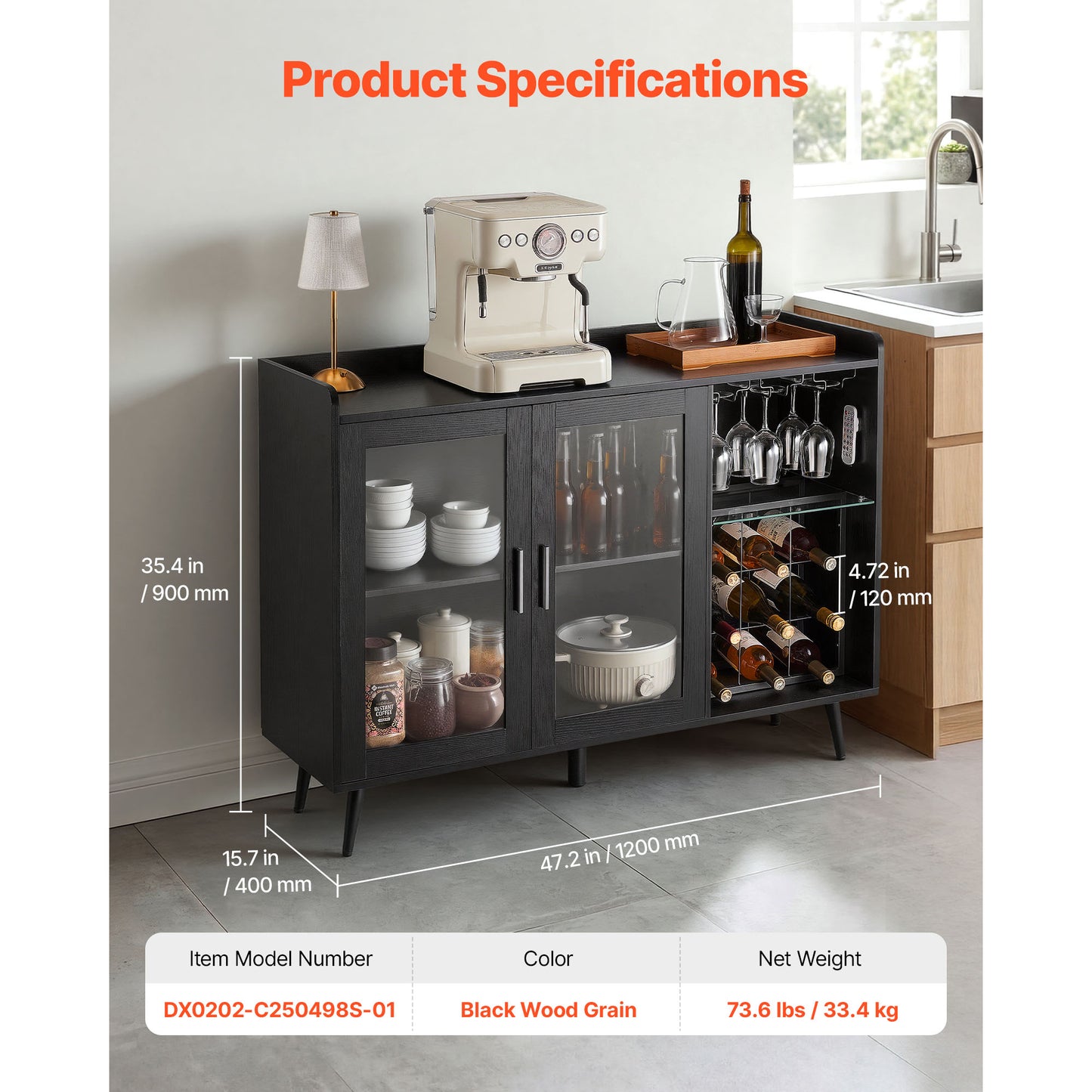 Wine Cabinet, Coffee Bar Cabinet With 9 Wine Bottle Racks, Modern Buffet Sideboard With Glass Holder, Adjustable LED Brightness, For Home Kitchen, Living Room, Dining Room, Black Wood Grain