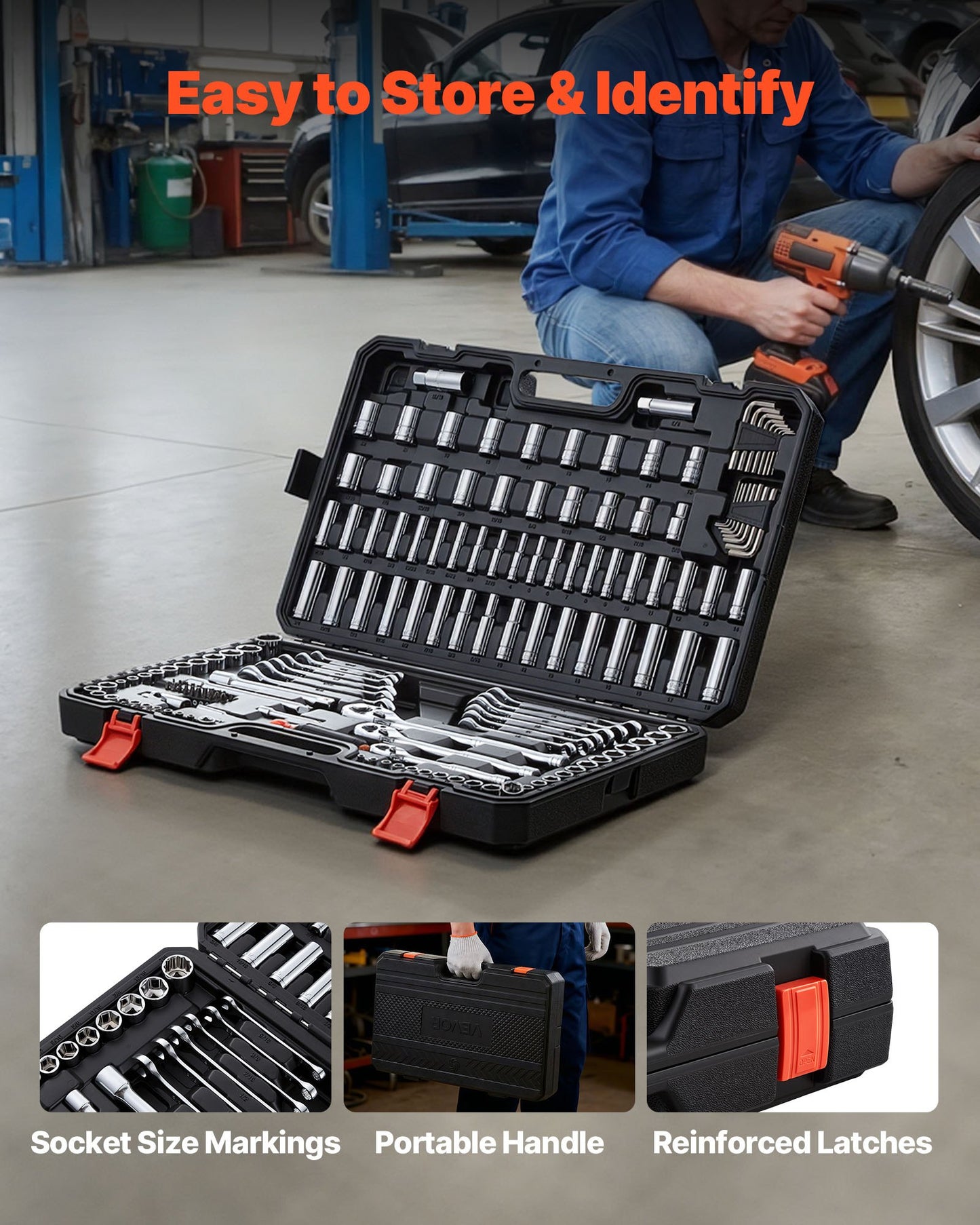 Mechanics Tool Set, 159-Piece Mechanic Tool Kit, 1/4 In, 3/8 In, And 1/2 In Drive, SAE And Metric Socket Set, Wrenches, Screwdriver Bits, Accessories, And Storage Case, For Automotive Repair