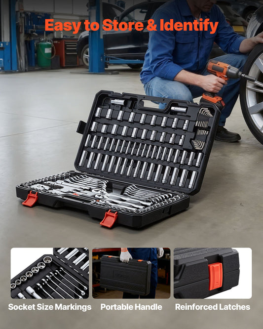 Mechanics Tool Set, 159-Piece Mechanic Tool Kit, 1/4 In, 3/8 In, And 1/2 In Drive, SAE And Metric Socket Set, Wrenches, Screwdriver Bits, Accessories, And Storage Case, For Automotive Repair