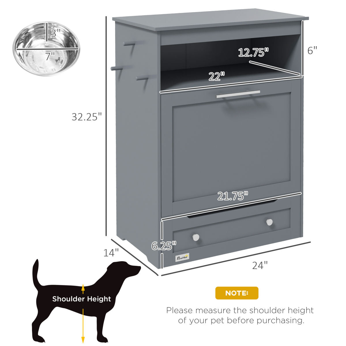 Pet Feeder Station Storage Cabinet, Dog Food Storage Container With Dog Raised Bowls, Watering Supplies, Gray