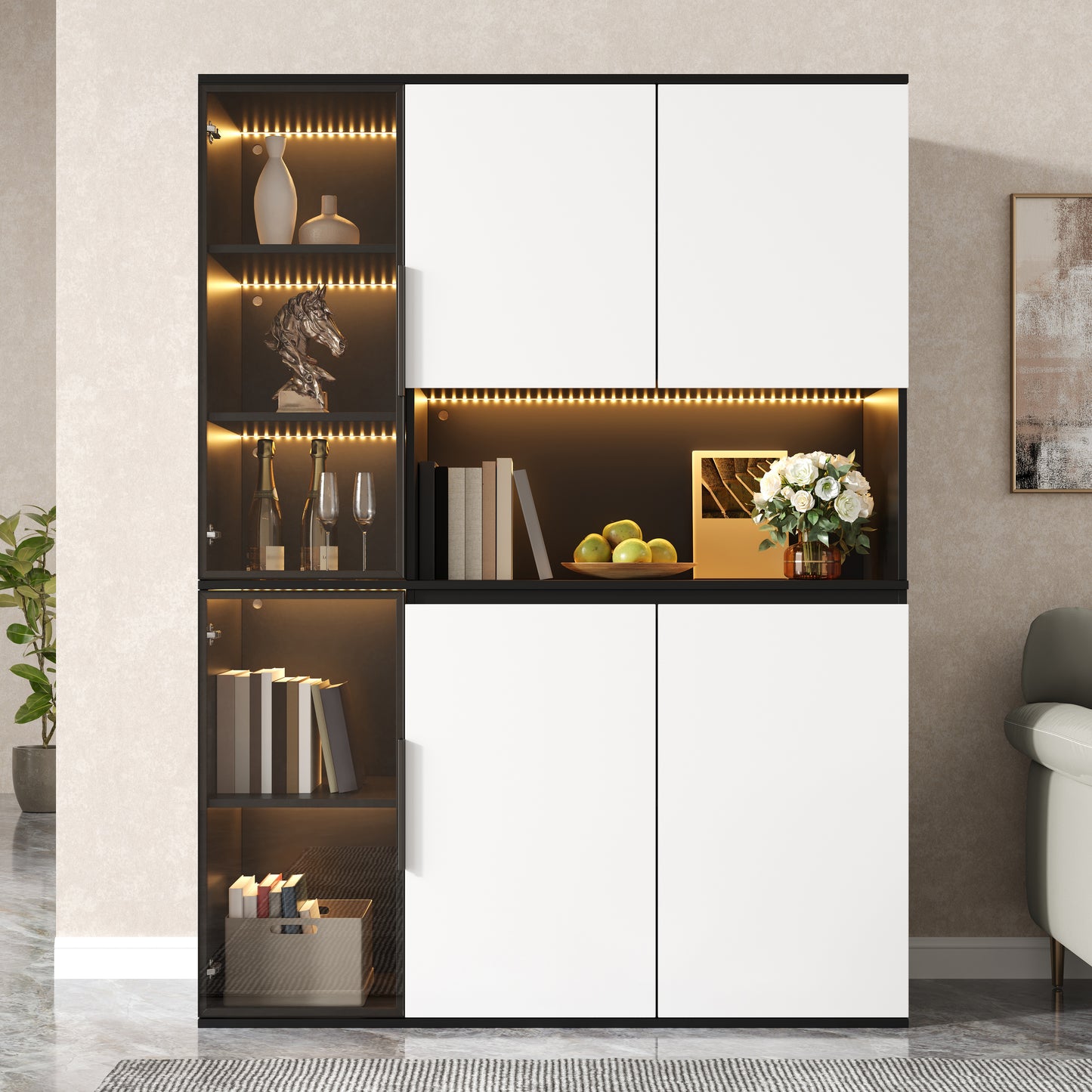 Tall Cabinet, Display Cabinet, Highboard, Sideboard, Black And White Look, Glass Elements, Integrated LED Lights, MDF Body, Spacious Storage Space, Dining Room Cabinet, Living Room Cabinet