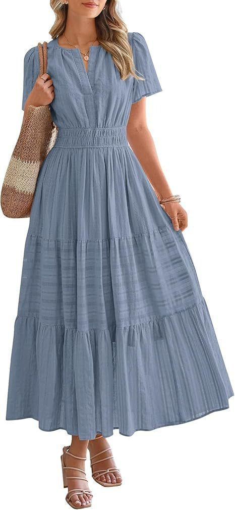 Spring Summer New Arrival Women's Dress, Fashion V-Neck Ruched Puff Sleeve Tiered Swing Dress