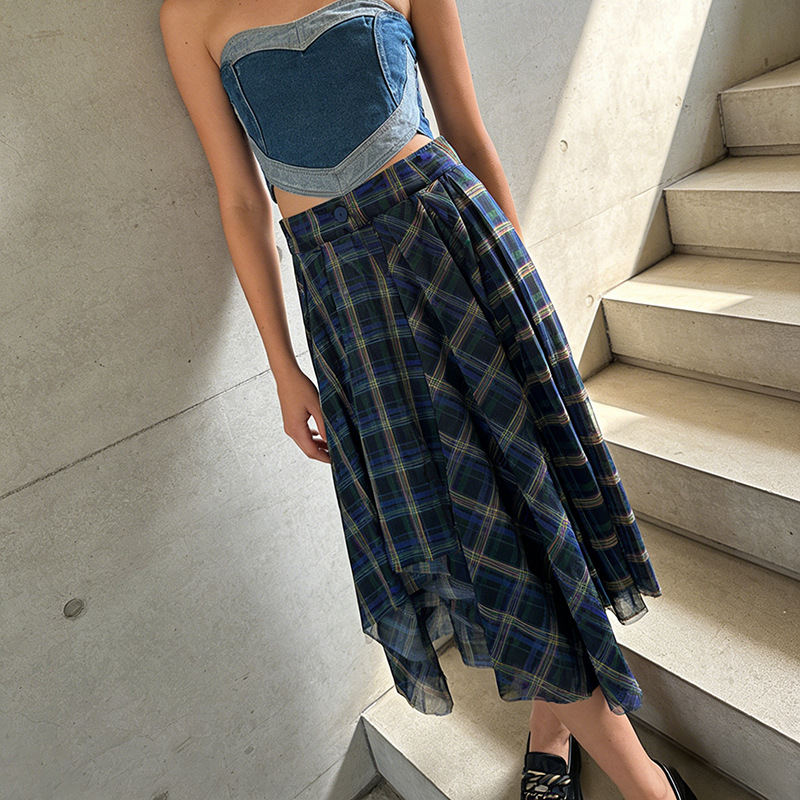 Korean-style Plaid Patchwork Skirt For Women