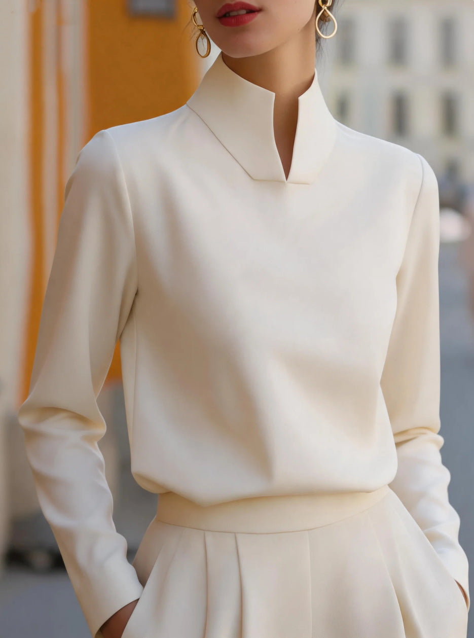 New Chinese-style Mandarin-collar Long-sleeve Blouse Niche Office-chic Top For Women