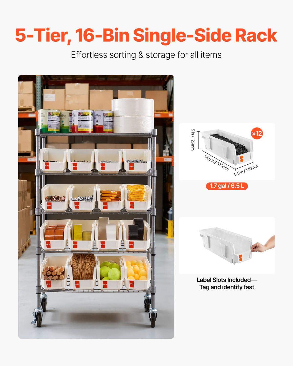 5-Tier Rolling Bin Storage Rack, 16 Organizer Bins, Bin Rack Storage Steel Wire Shelving System With Wheels, Mobile Tool Organizer For Garage, Warehouse, Office, Restaurant, Classroom, Kitchen