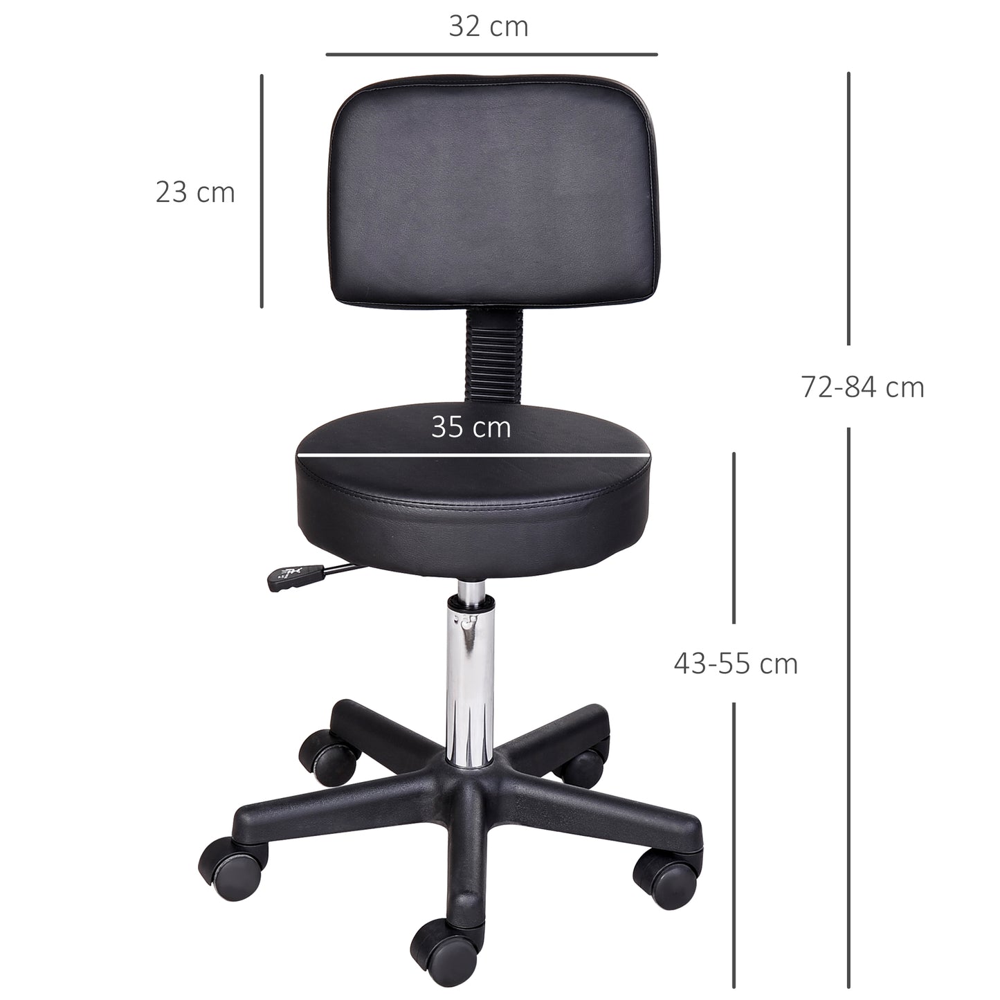 Rollhocker Höhenverstellbar Mit Rückenlehne Drehhocker 72-84 Cm Arbeitshocker 360° Drehbar Bürohocker Für Büro Salon Massage Spa Schwarz